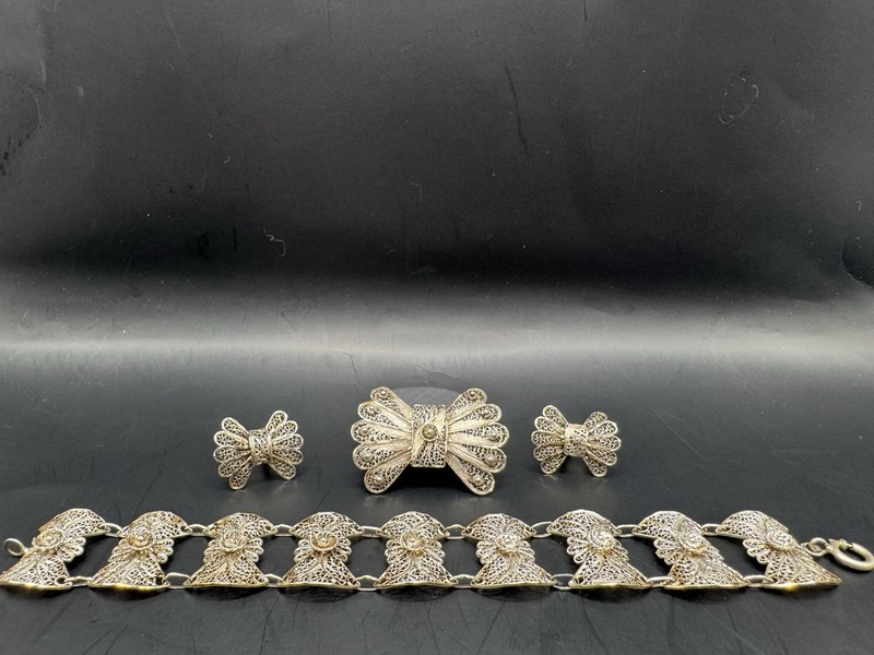 Antique Early 20th Century Filigree- Bracelet, Brooch, Earrings – Likely Silver